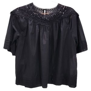 J Crew Top Organic Cotton Crochet Sheer Black Blouse Medium